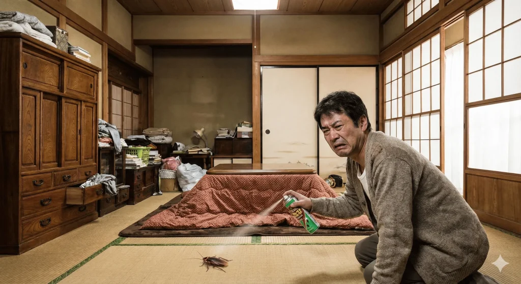 男子坐在和式房間內檢視爆炸後的殘破室內環境｜殺蟲劑意外示意圖