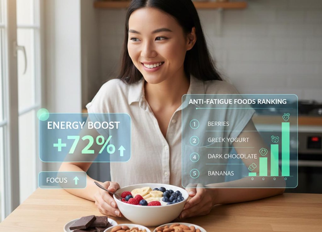 【七大提神食物排行榜】圖示：水、含鎂堅果、全麥燕麥、瘦蛋白魚類、黑朱古力等，比咖啡更有效抗疲勞。