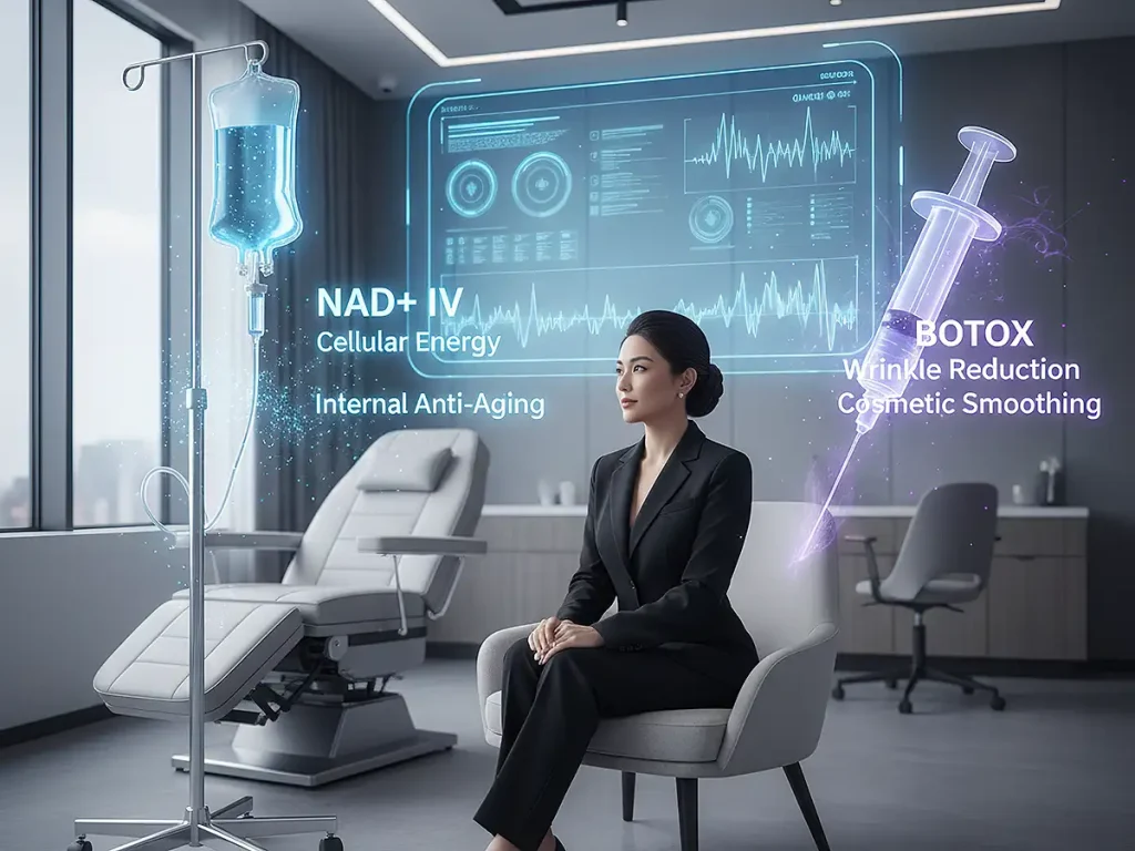 Botox 與 NAD+ 逆齡針比較示意圖，顯示表面去皺與細胞能量修復的分別