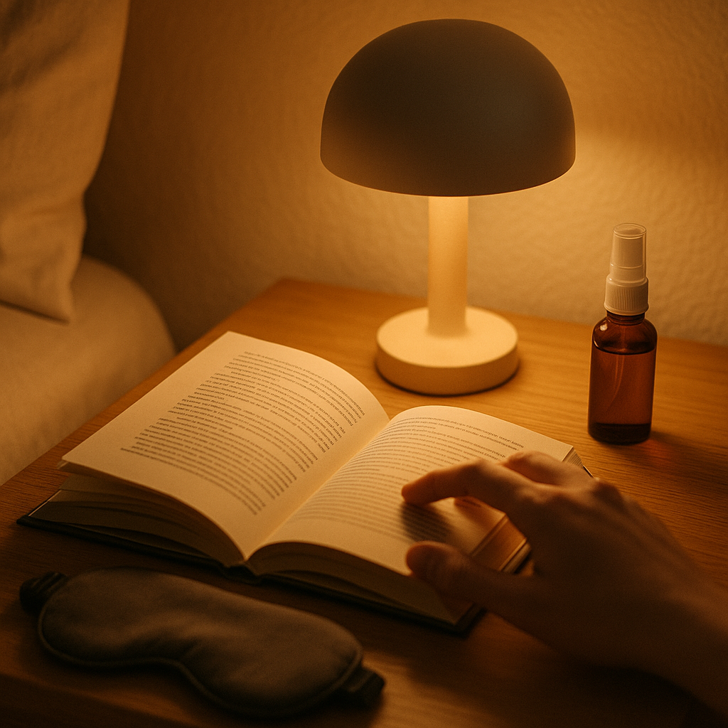 床邊夜燈、打開的書與眼罩，手部伸向書頁，柔和暖色夜間光線，營造睡前儀式感