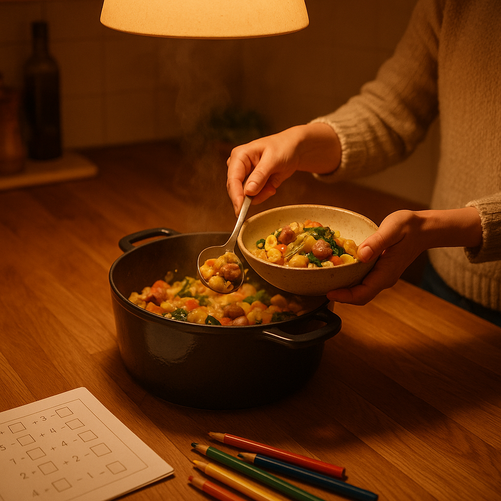 夜間簡化家務場景：一鍋料理上桌與孩子功課角落，呈現溫暖實用的家庭氛圍