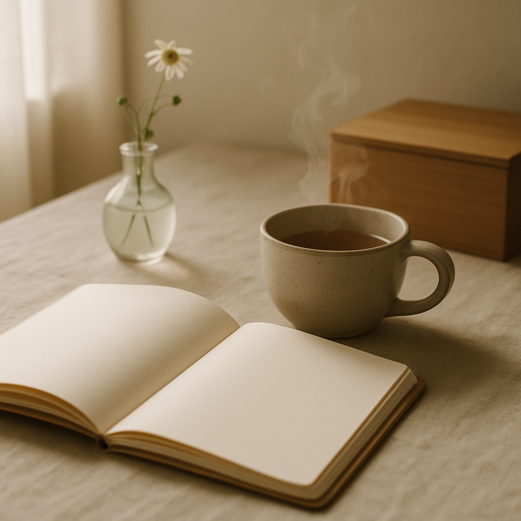 柔和晨光下的居家桌面：筆記本、茶杯與小花，營造溫暖質感