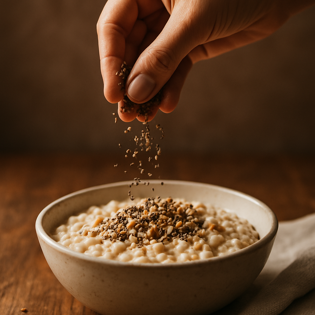 手部近拍：在燕麥碗上撒奇亞籽與堅果碎，強調操作感與食物紋理