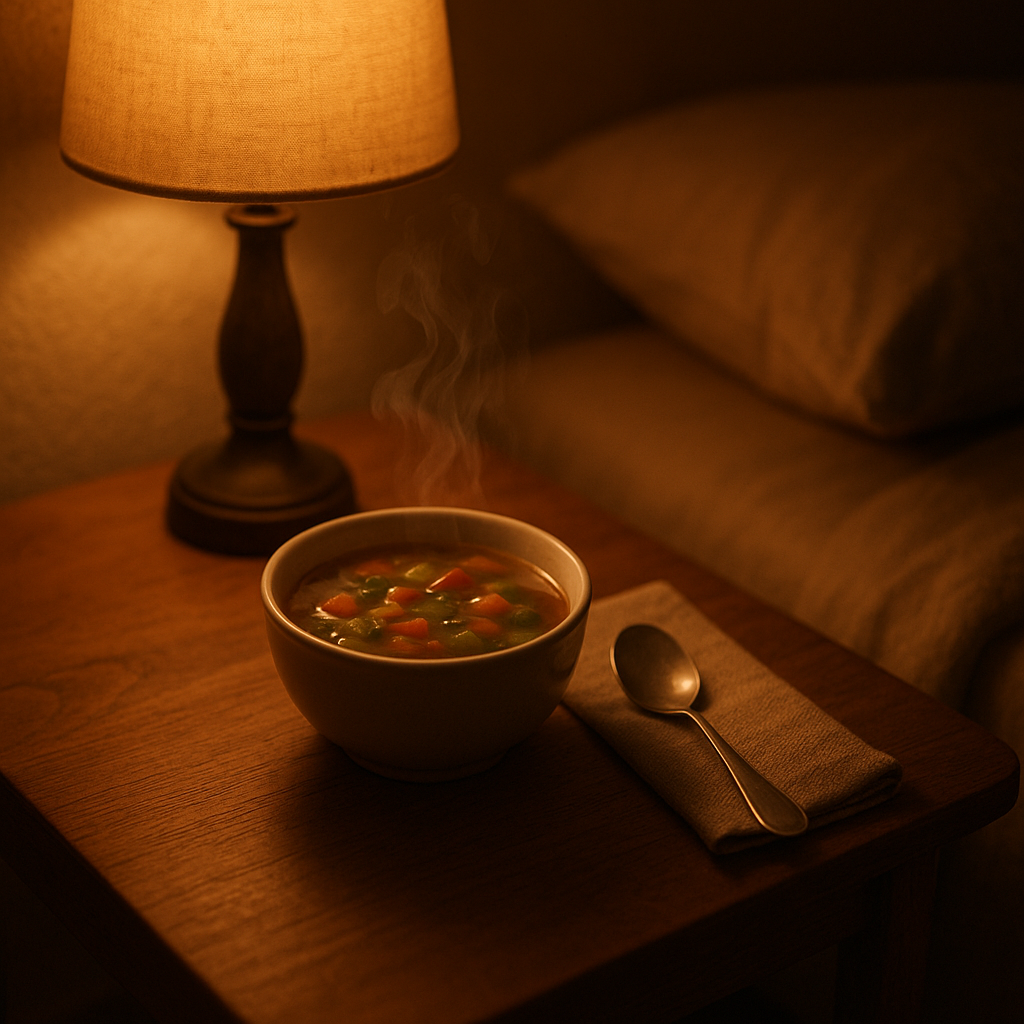 夜晚場景：床頭或托盤上的暖蔬菜湯，暖黃燈光下的溫柔氛圍