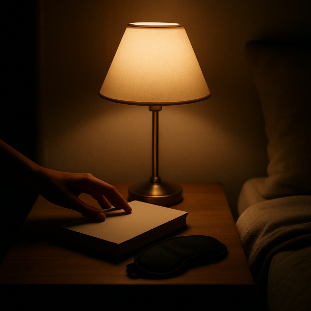 床頭夜燈下的書本、眼罩與柔和被褥，溫暖夜間氛圍的特寫。