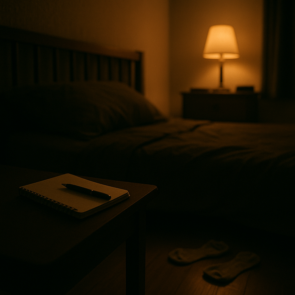 床邊的筆記本與筆，夜間微光下的私人物件，象徵半夜醒來時的平靜應對。