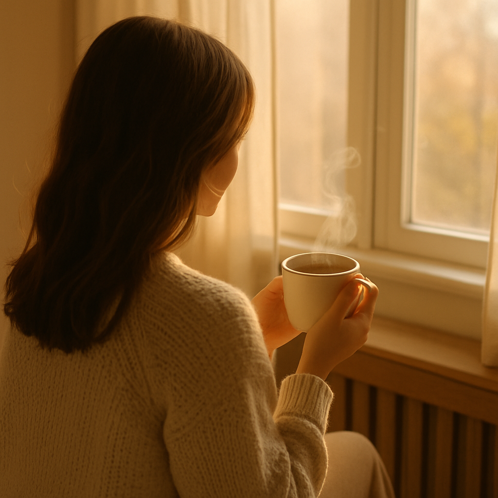 窗邊背影女子手持熱茶，柔和光線帶出安靜療癒感
