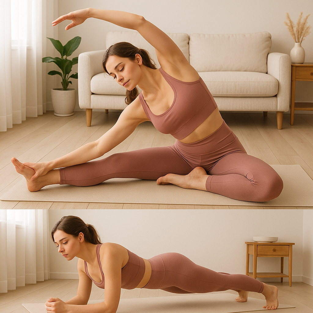 在家瑜伽墊上做拉筋與核心動作的女性，明亮乾淨的室內運動場景