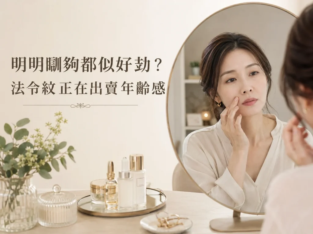 Vitaura 法令紋改善與年齡感示意圖，展示女性照鏡時留意法令紋、皮膚鬆弛及疲倦面容變化